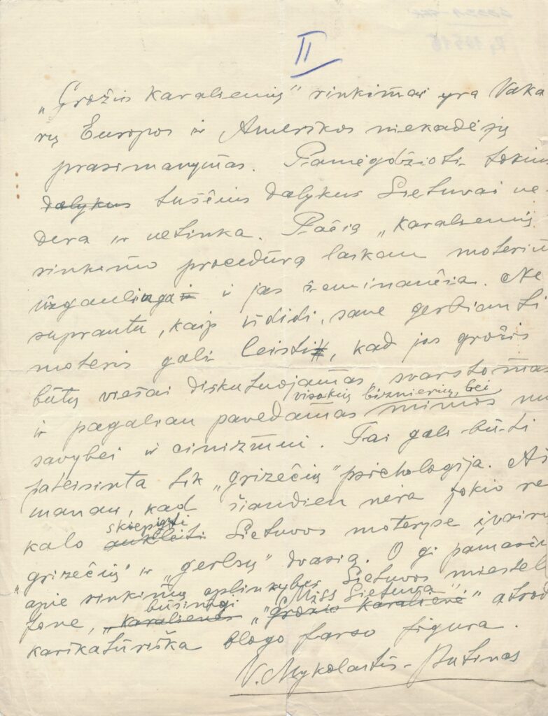 Rankraštis. V. Mykolaičio nuomonė apie grožio karalienių rinkimus. MLLM 63334