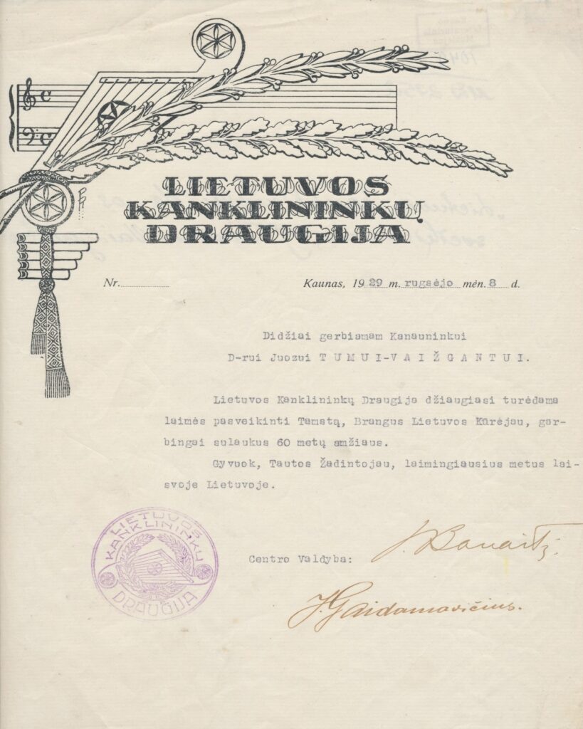 „Kanklininkų“ draugijos sveikinimas Vaižgantui 60-to jubiliejaus proga. MLLM 1049