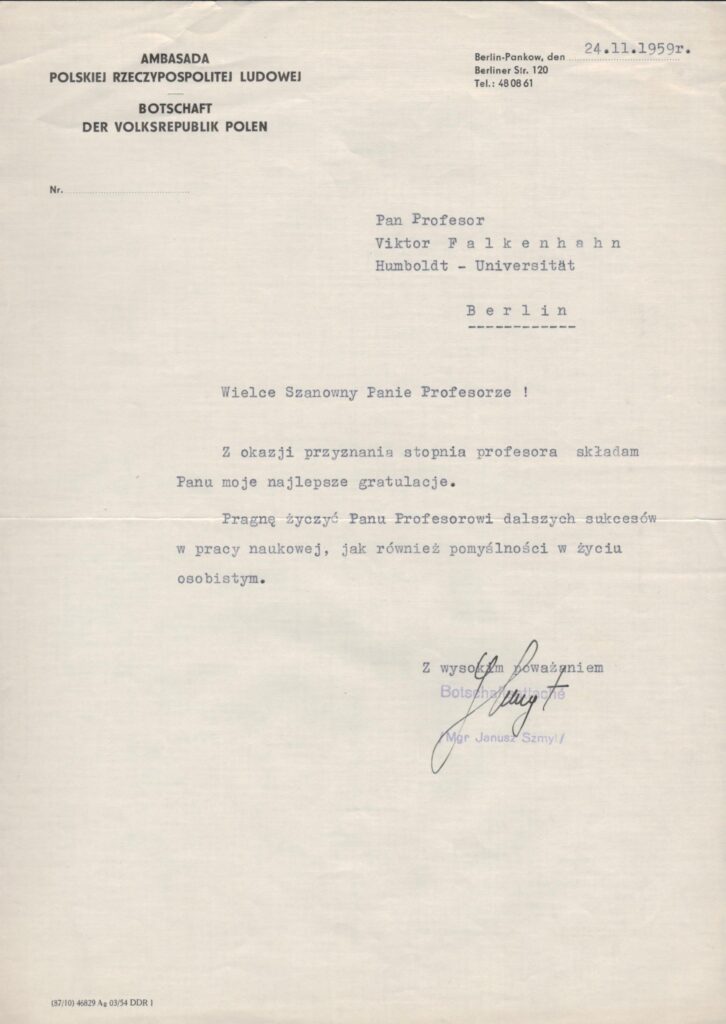 Lenkijos ambasados Vokietijoje sveikinimas V. Falkenhanui profesoriaus vardo suteikimo proga. Berlynas. 1959.11.24. MLLM P26468