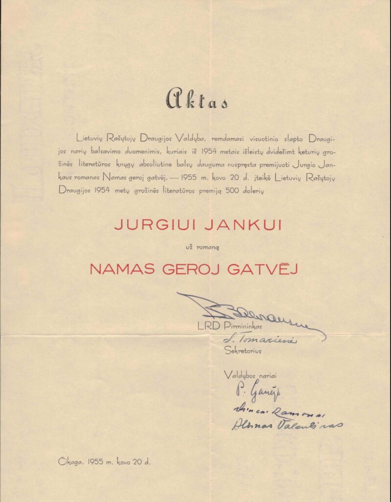 LRD valdybos aktas dėl premijos J. Jankui už romaną „Namas geroj gatvėj“. Čikaga. 1955-03-20. MLLM 81180 / D 480