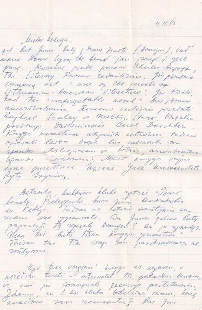 J. Gliaudos laiškas K. Bradūnui. 1963 m. lapkričio 4 d. MLLM 125441