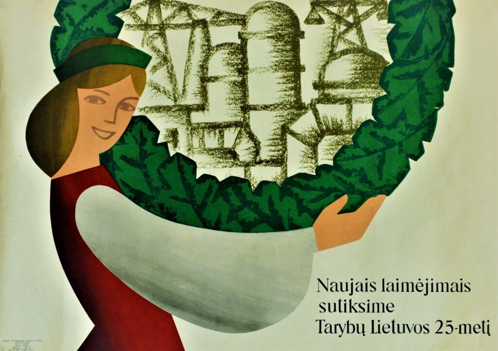 Naujais laimėjimais sutiksime Tarybų Lietuvos 25-metį, plakato dailininkas J. Gudmonas, 1965 m.