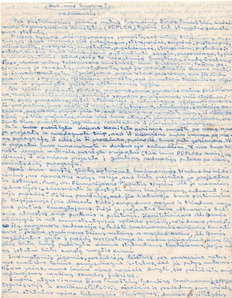 P. Andriušio vedamojo straipsnio „Kur mes buvom?“ rankraštis, skirtas humoro žurnalui „Dievo paukštelis“. Apie 1947 m. MLLM 36495