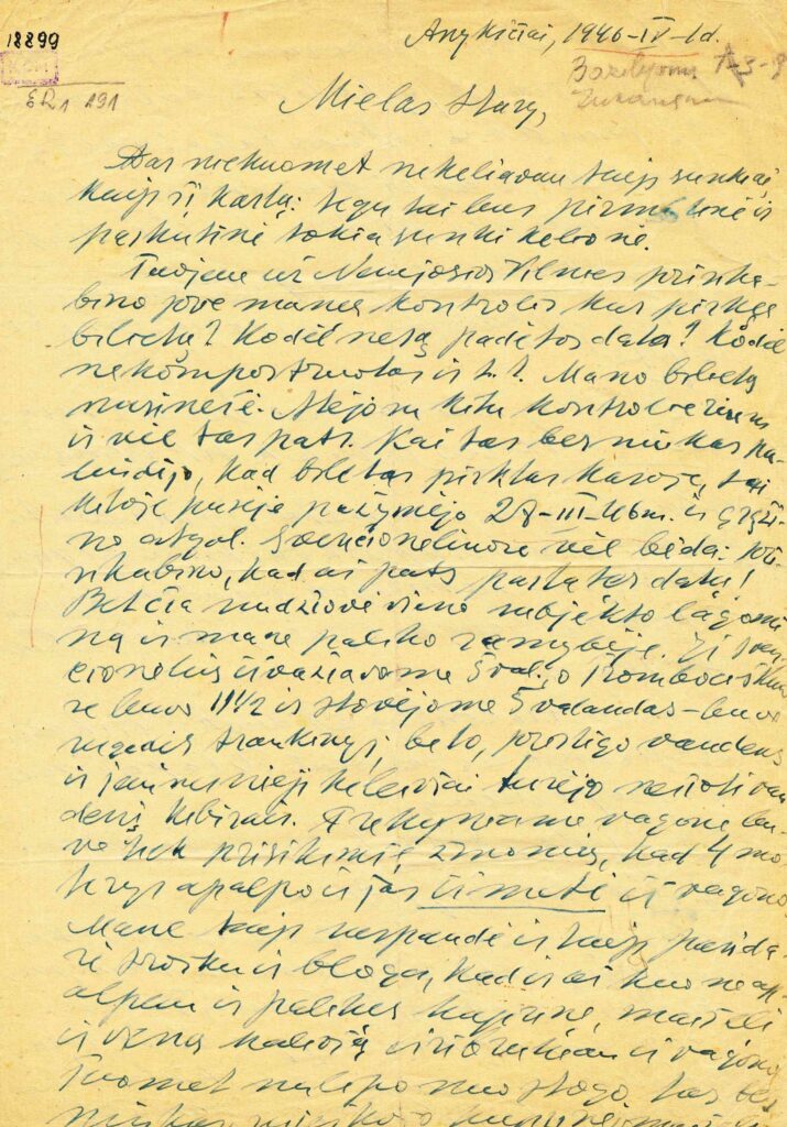 Vienuolio laiškas rašytas sūnui Stasiui Žukauskui. Anykščiai, 194-04-01. MLLM 18899