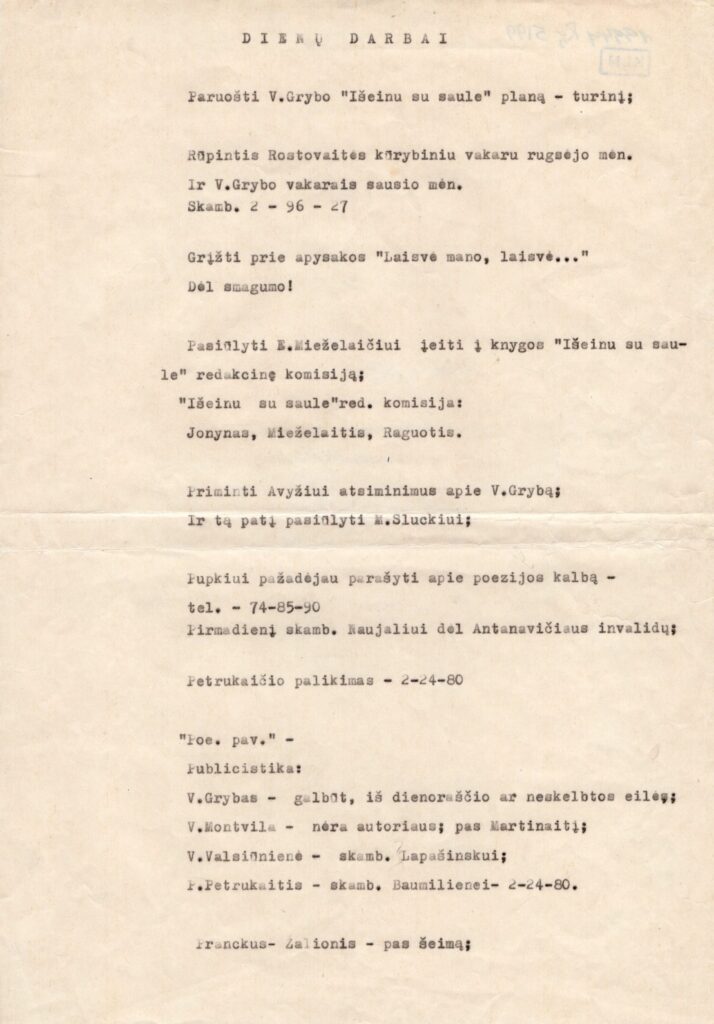 A. Jonyno Dienų darbai, perspausdinti iš jo Brailio raštu rašyto užrašų bloknoto. 1985. 1-as lapas. MLLM GEK 19944