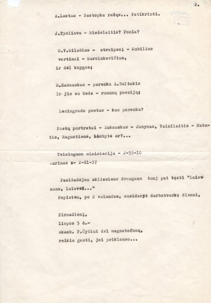 A. Jonyno Dienų darbai, perspausdinti iš jo Brailio raštu rašyto užrašų bloknoto. 1985. 2-as lapas. MLLM GEK 19944