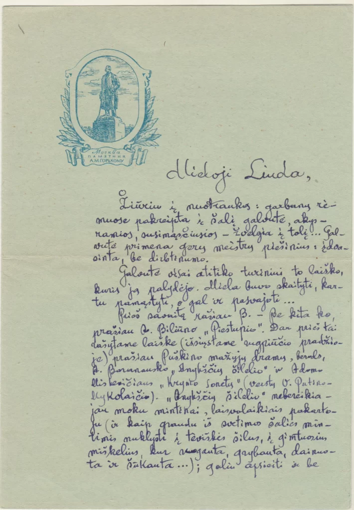 K. Inčiūros ranka rašytas laiškas L. Snicerytei. Sverdlovsko sritis, 1955 m. 
MLLM 77367