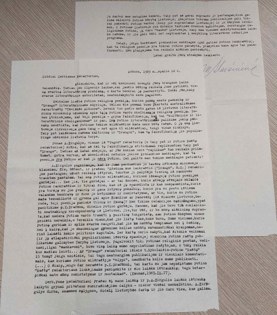 M. M. Mykolaitytės-Slavėnienės laiškas K. Bradūnui. Auburn. 1969.10.14. MLLM 125325