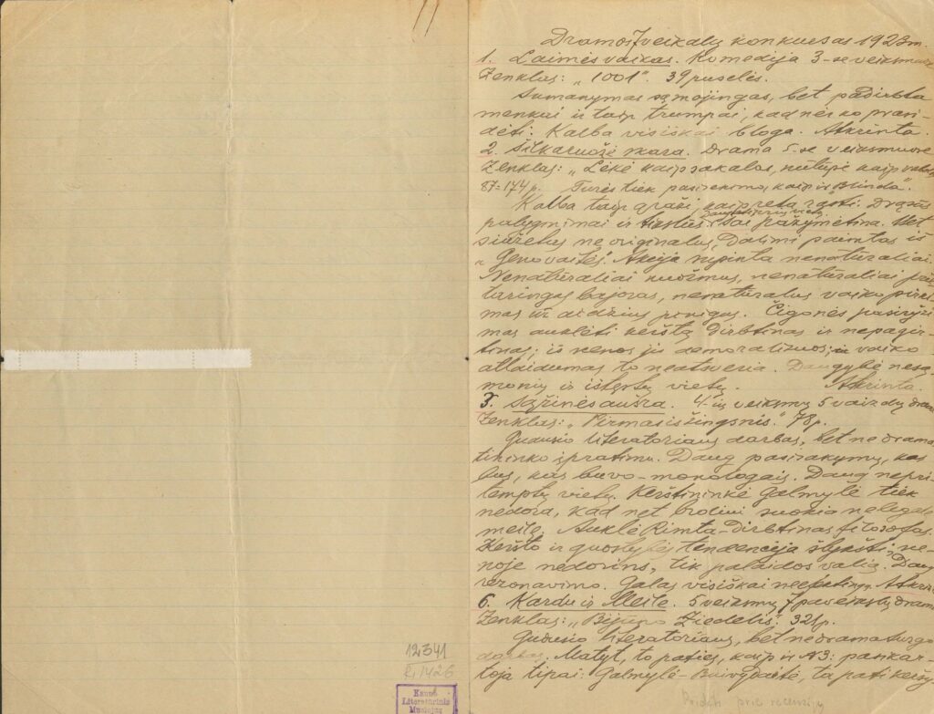 Vaižganto rankraštis. 1923 m. dramos konkurso vertinimai. MLLM 12341/1
