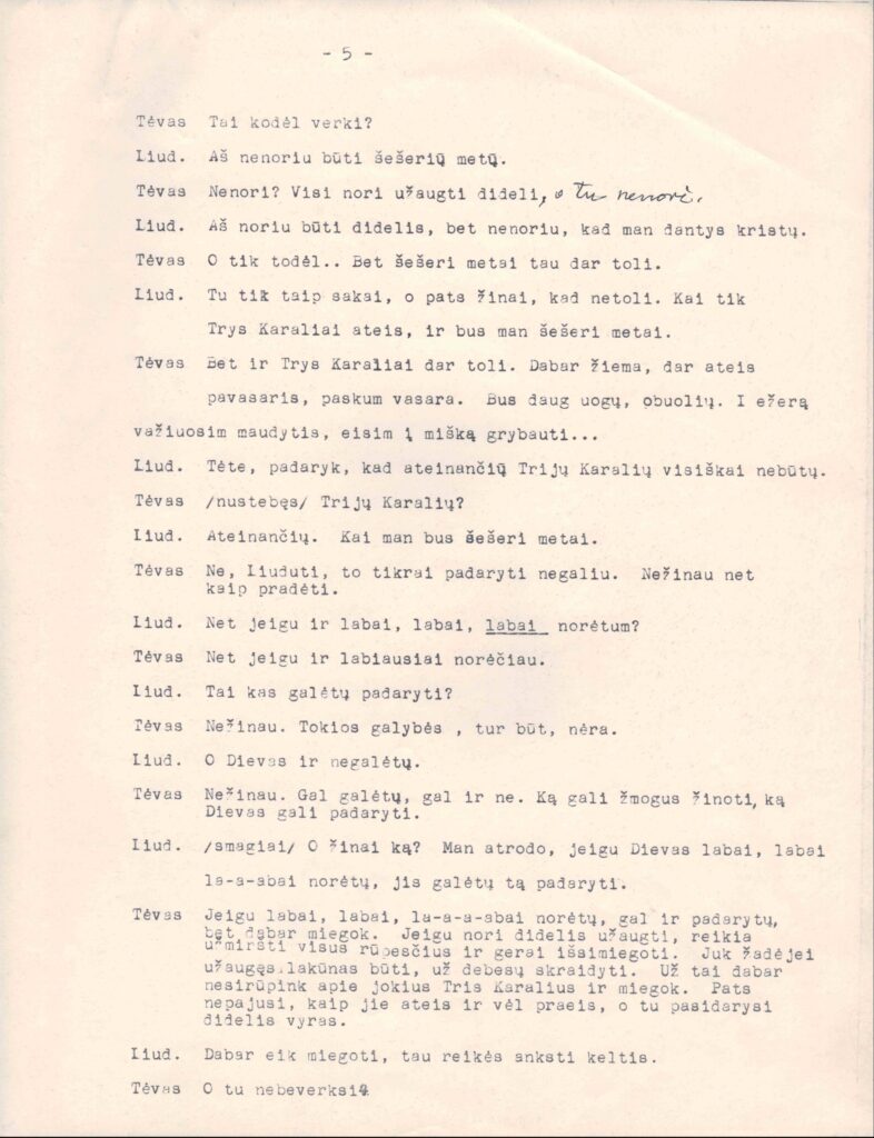 J. Jankaus pjesės „Pirmasis rūpestis“ mašinraštis su taisymais. MLLM 54400 / R2 6767