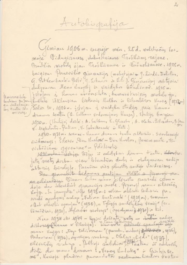 K. Inčiūros rankraštis „Autobiografija“. 1958 m. 
RMM ĮK 8684