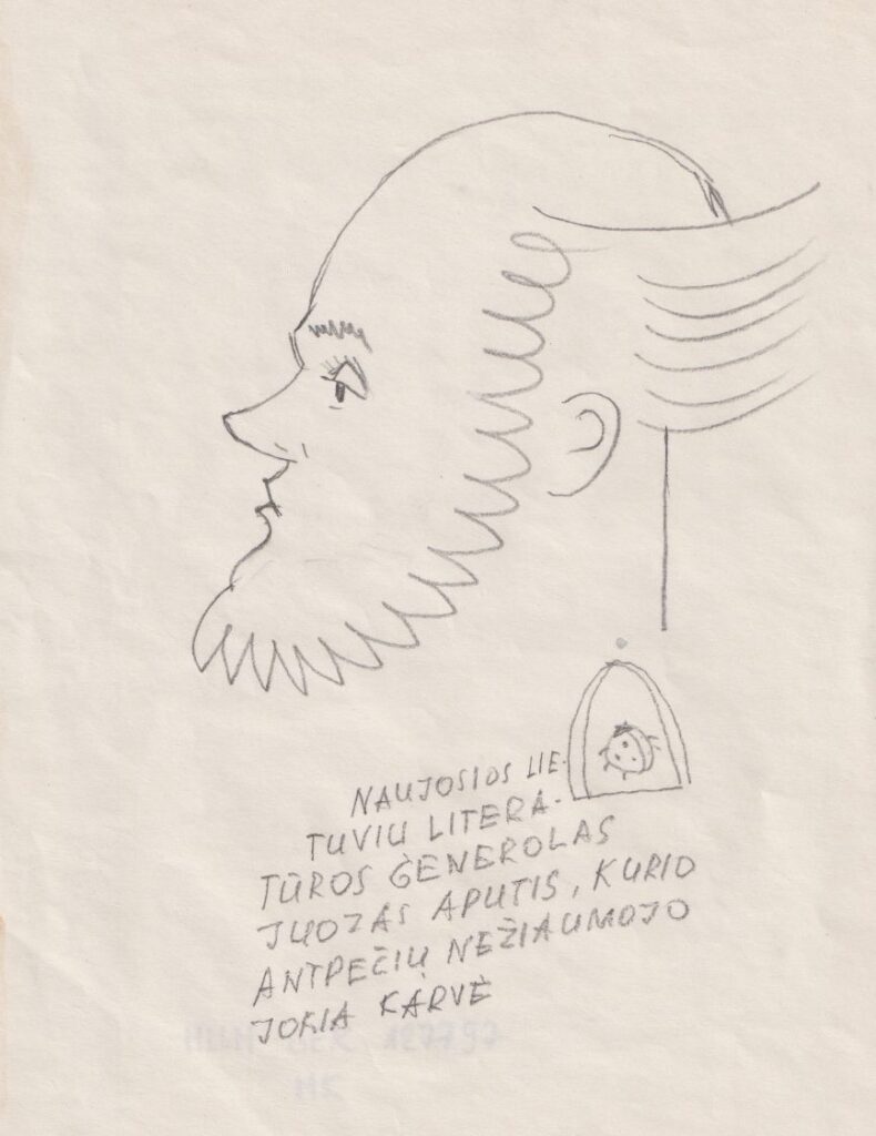J. Apučio šaržas. Autorius H. A. Čigriejus. Apie 1989 m. MLLM 127797.