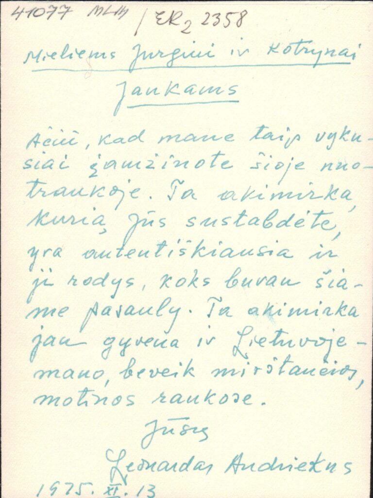 L. Andriekaus laiškas J. Ir K. Jankams. JAV. 1975-11-13 MLLM 41077/ ER2 21002