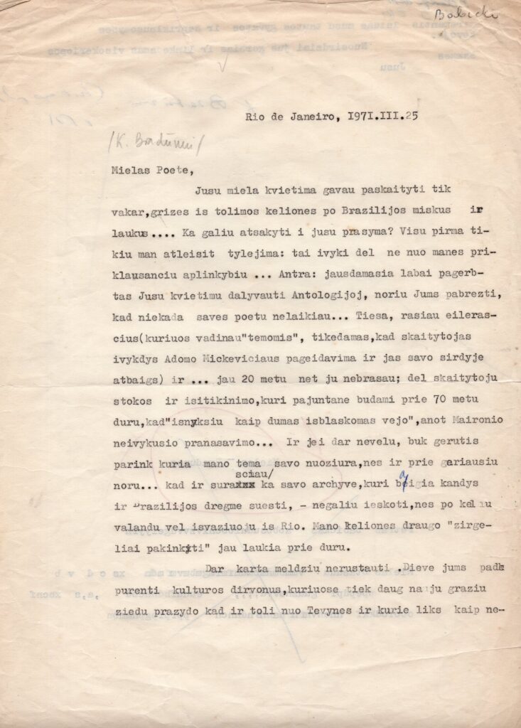 P. Babicko laiškas K. Bradūnui. Rio de Žaneiras, 1971 m. kovo 25 d. MLLM 53627