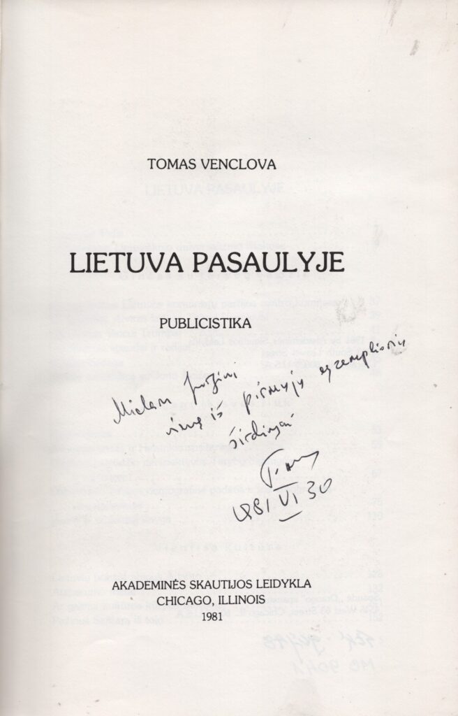 T. Venclovos knygos „Lietuva pasaulyje“ titulinis lapas su dedikacija J. Blekaičiui. JAV, 1981 m. birželio 30 d. MLLM 90748 2