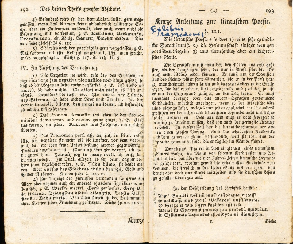 Kristijonas Gotlybas Milkus. „Lietuvių kalbos mokslo pradmenys“. Karaliaučius. 1800 m. Knyga vokiečių kalba. Skyriuje „Trumpas lietuvių poezijos vadovas“ pirmą kartą išspausdinta 18 eilučių iš K. Donelaičio „Metų“ – 5 eilutės iš „Rudenio gėrybių“ ir 13 eilučių iš „Žiemos rūpesčių“