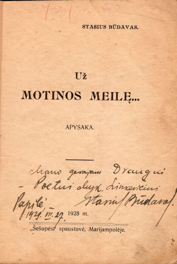 S. Būdavas. Už motinos meilę… Marijampolė: Šešupės spaustuvė, 1928 m. Titulinis lapas. MLLM 26442