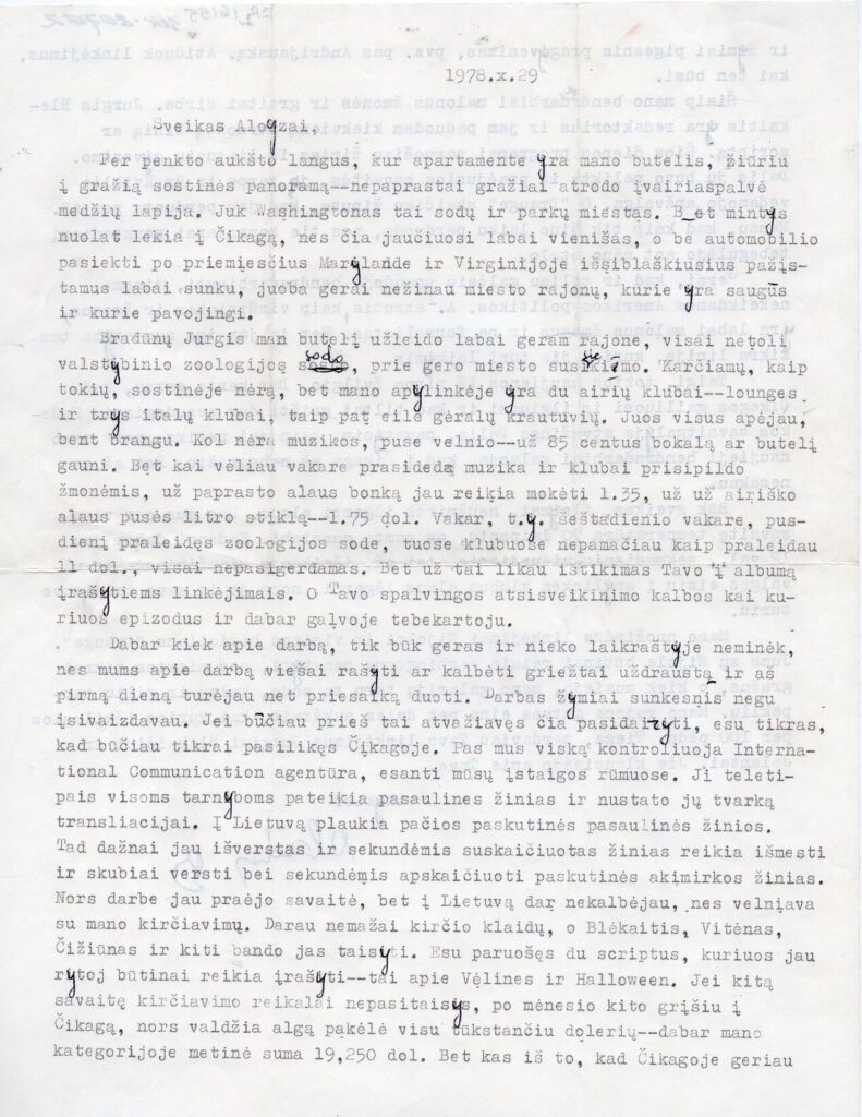 V. Būtėno laiškas A. Baronui. Vašingtonas, 1978-10-29. MLLM 80762