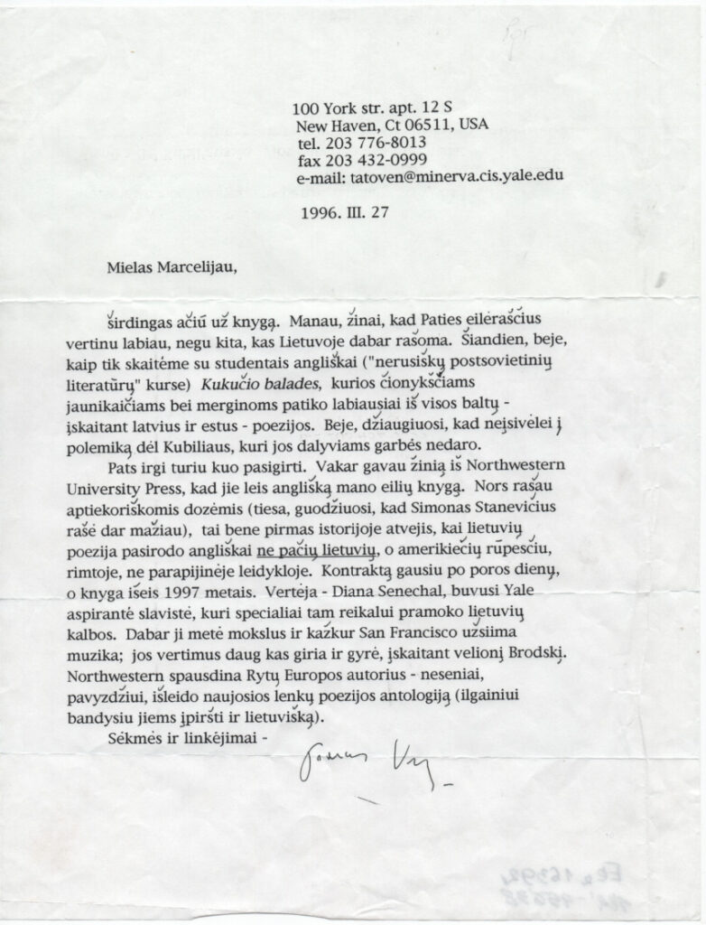 T. Venclovos laiškas M. Martinaičiui