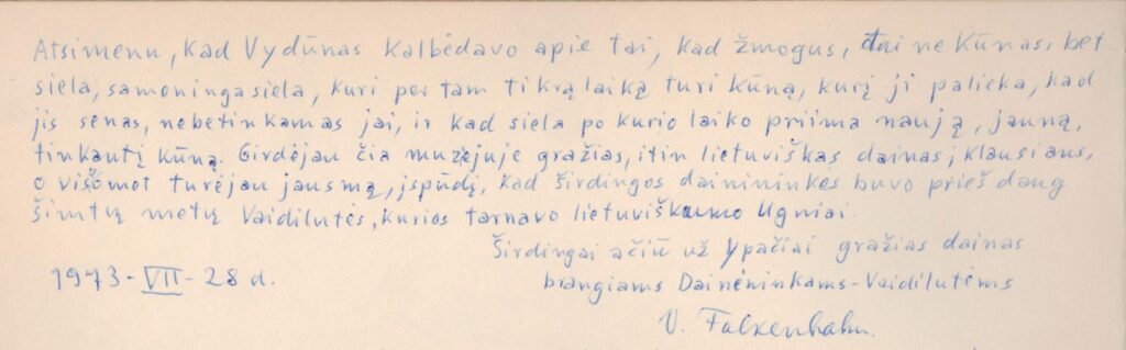 V. Falkenhano įrašas muziejaus svečių knygoje