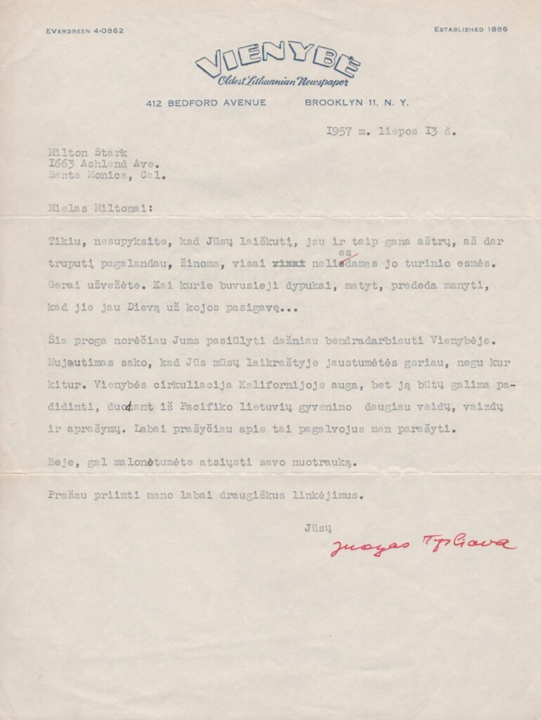 J. Tysliavos laiškas M. Stark. JAV. 1957 m. MLLM 46045