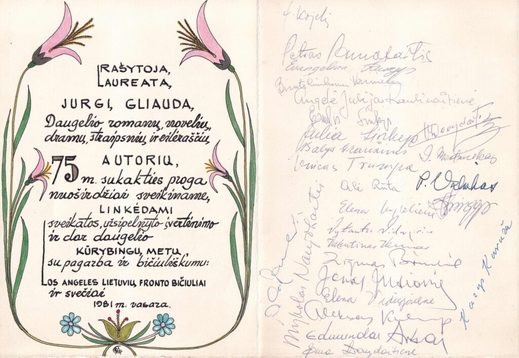 Los Andželo lietuvių fronto bičiulių sveikinimas J. Gliaudai 75-mečio proga. 1981 m. vasara. MLLM 54399