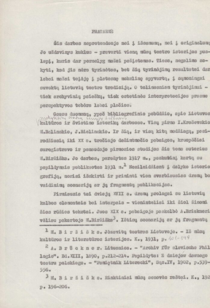 V. Zaborskaitės studijos „Mokyklinis teatras Lietuvoje XVI-XVIII a.“ fragmentas. MLLM P49203