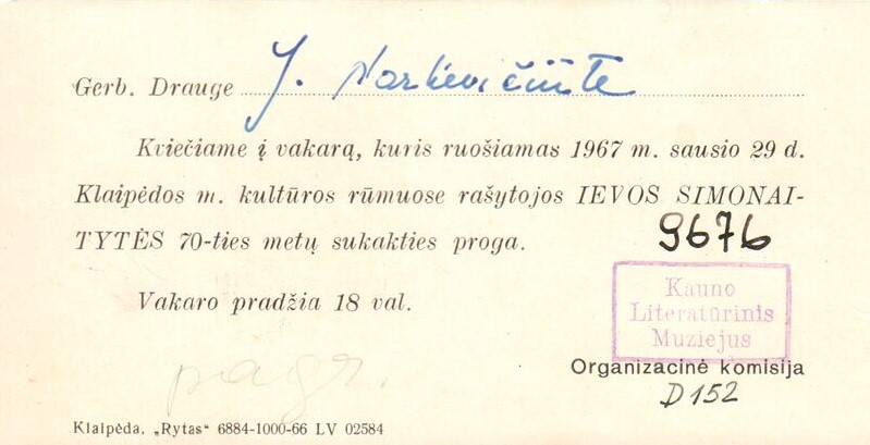 Kvietimas. Išduotas J. Narkevičiūtei. Kviečiama dalyvauti I. Simonaitytės 70-mečio minėjime. Klaipėda, 1967 m. MLLM 9676 1