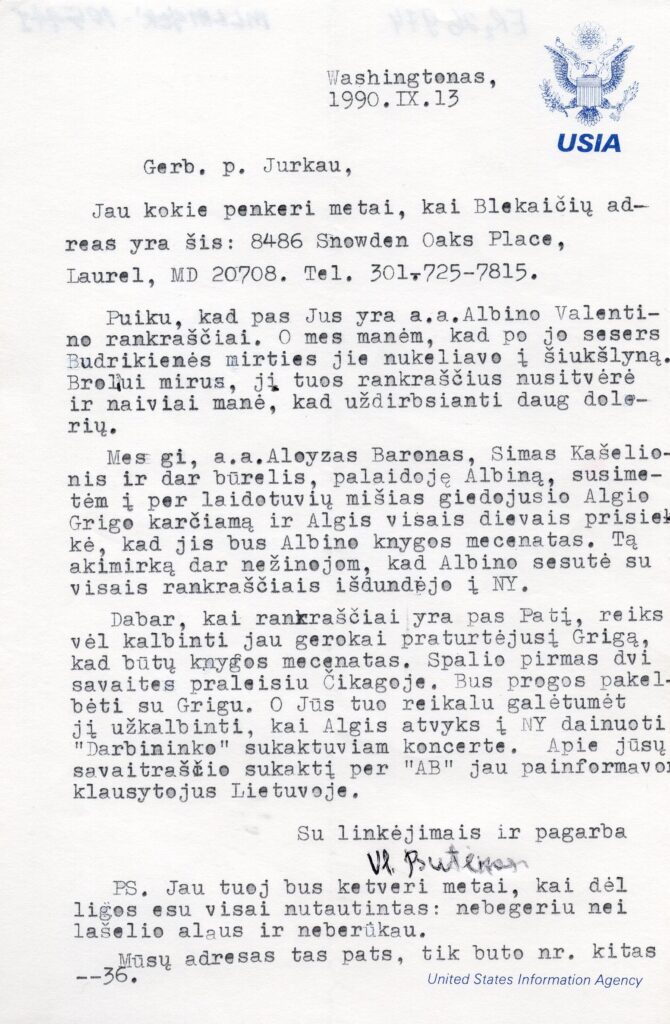 V. Būtėno laiškas P. Jurkui. Vašingtonas, 1990-09-13. MLLM 105441