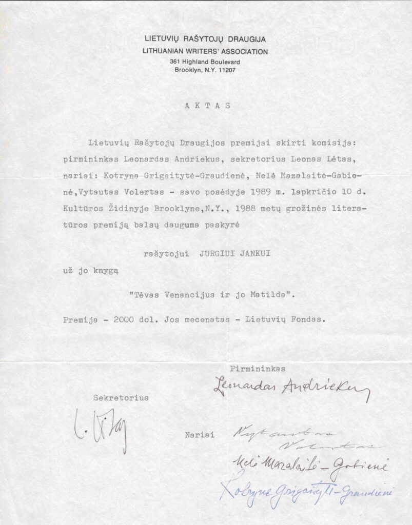 Lietuvių rašytojų draugijos valdybos aktas dėl premijos skyrimo J. Jankui už knygą „Tėvas Venancijus ir jo Matilda“. Bruklinas. 1989-11-10. MLLM 81181 / D 481