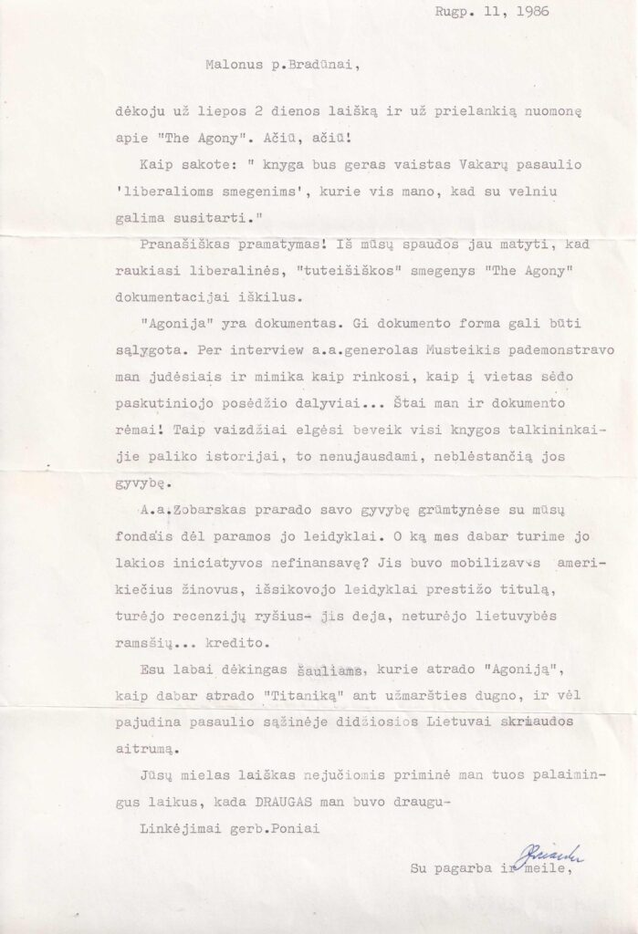 J. Gliaudos laiškas K. Bradūnui. 1986 m. rugpjūčio 11 d. MLLM 125478