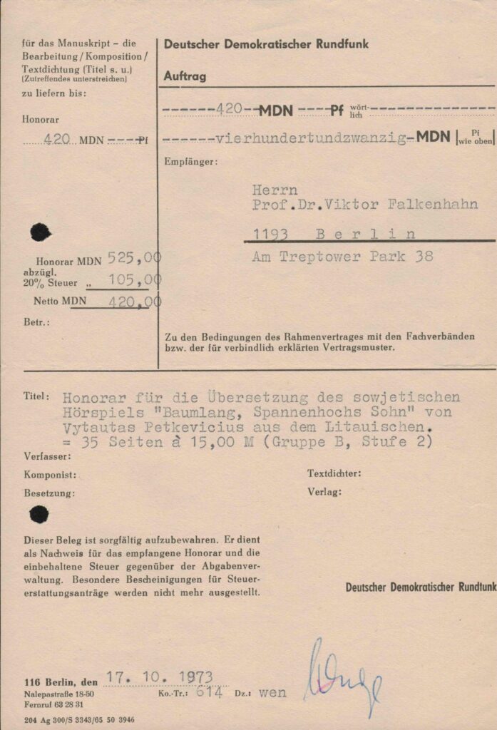 Vokietijos transliuotojo įsakymas dėl honoraro V. Falkenhanui už V. Petkevičiaus radijo pjesės „Sieksnis Sprindžio vaikas“ vertimą iš lietuvių kalbos. 1973 m. spalio 17 d. MLLM P26467