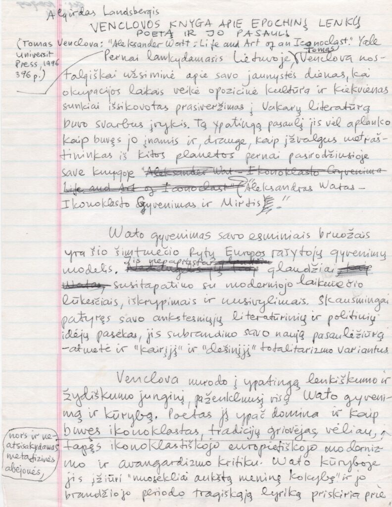 A. Landsbergio, T. Venclovos knygos „Aleksander Wat life and art of an iconoclast“, recenzija. JAV, 1996 m. MLLM 103709 1