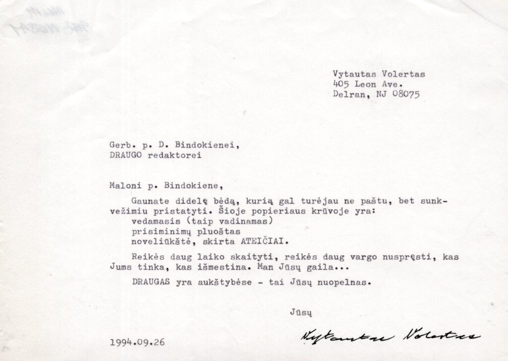 V. Volerto laiškas dienraščio „Draugas“ redaktorei D. Bindokienei. Niujorkas, 1994 m. rugsėjo 26 d. MLLM_116841