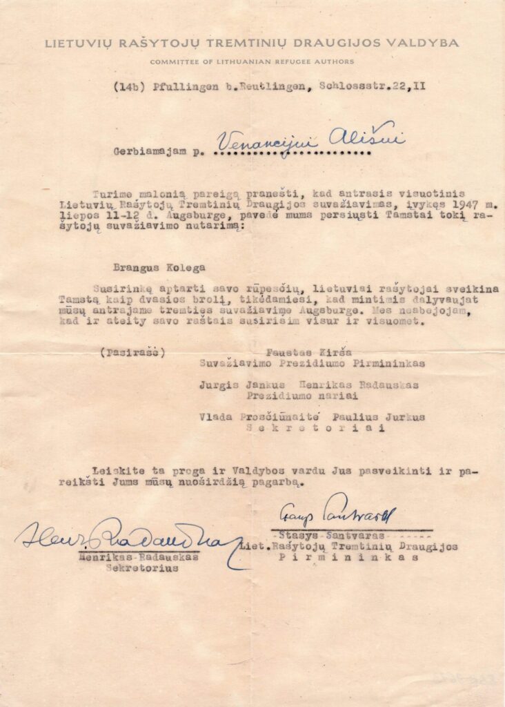 S. Santvaro ir H. Radausko laiškas V. Ališui. Vokietija, 1947 m. BBR 9673