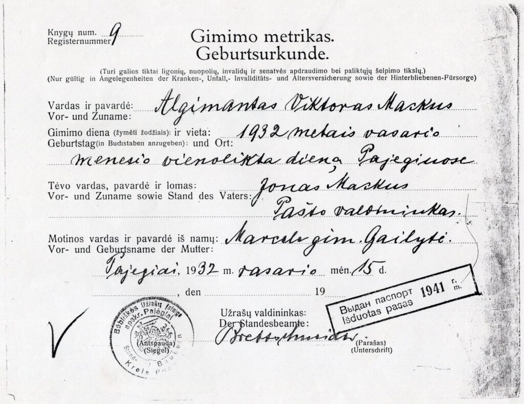 A. Mackaus gimimo liudijimas. P 52844; Originalas saugomas LTSC