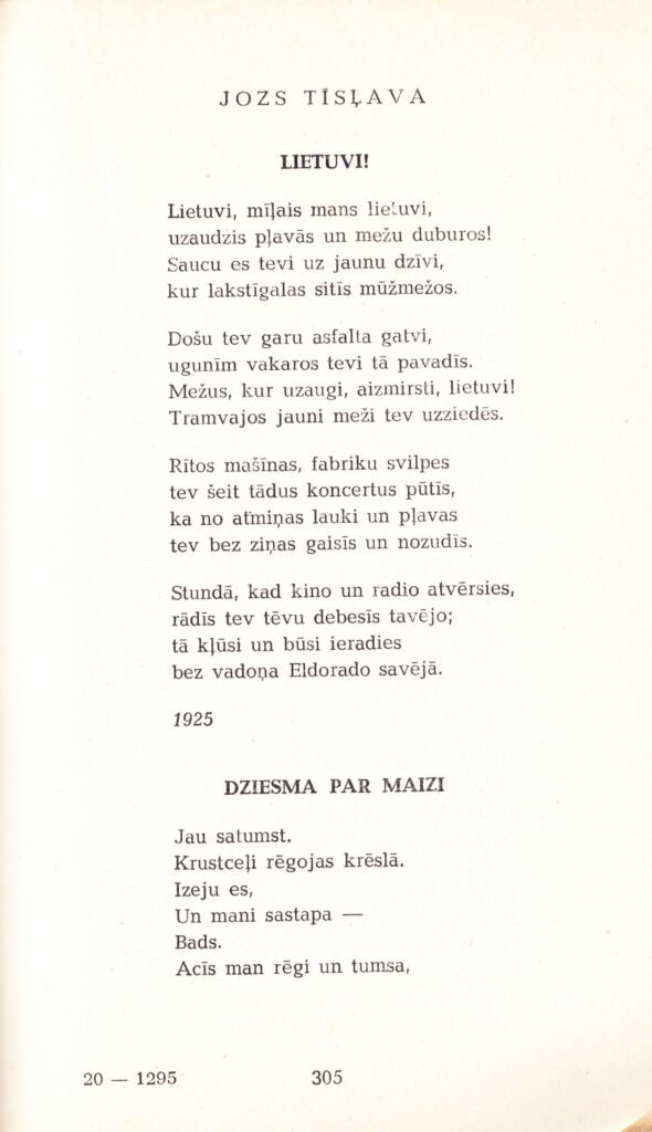 J. Tysliavos eilėraščiai Latvių kalba. Vertė A. Kurcijs. MLLM 52473