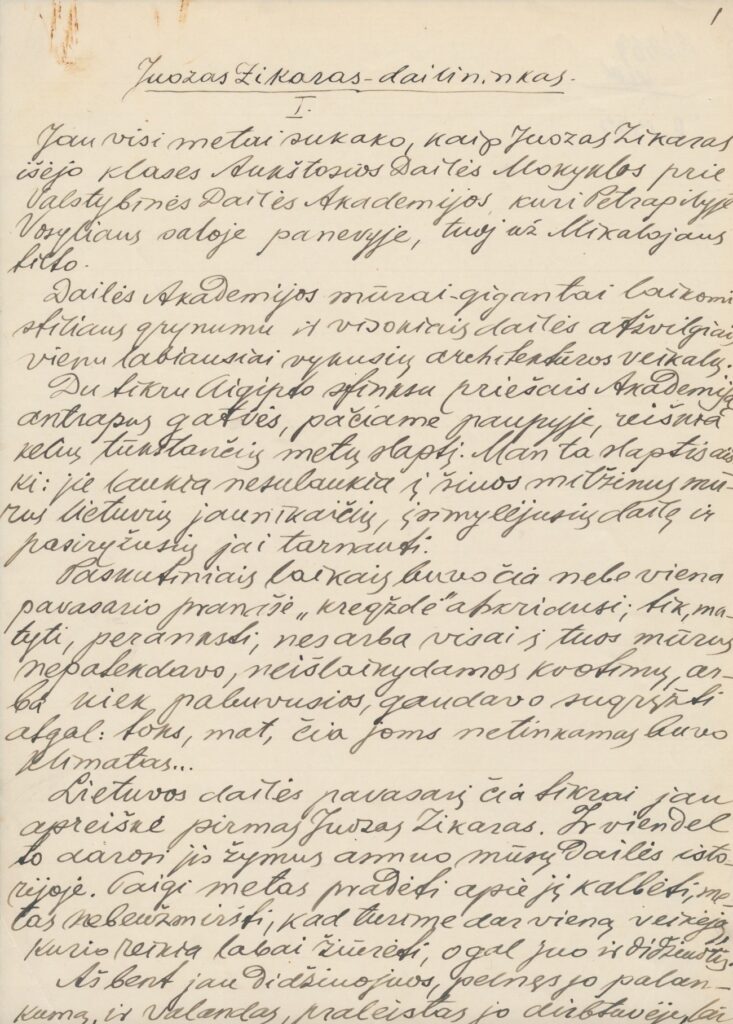 Vaižganto straipsnis-recenzija. Juozas Zikaras – dailininkas. MLLM 2369