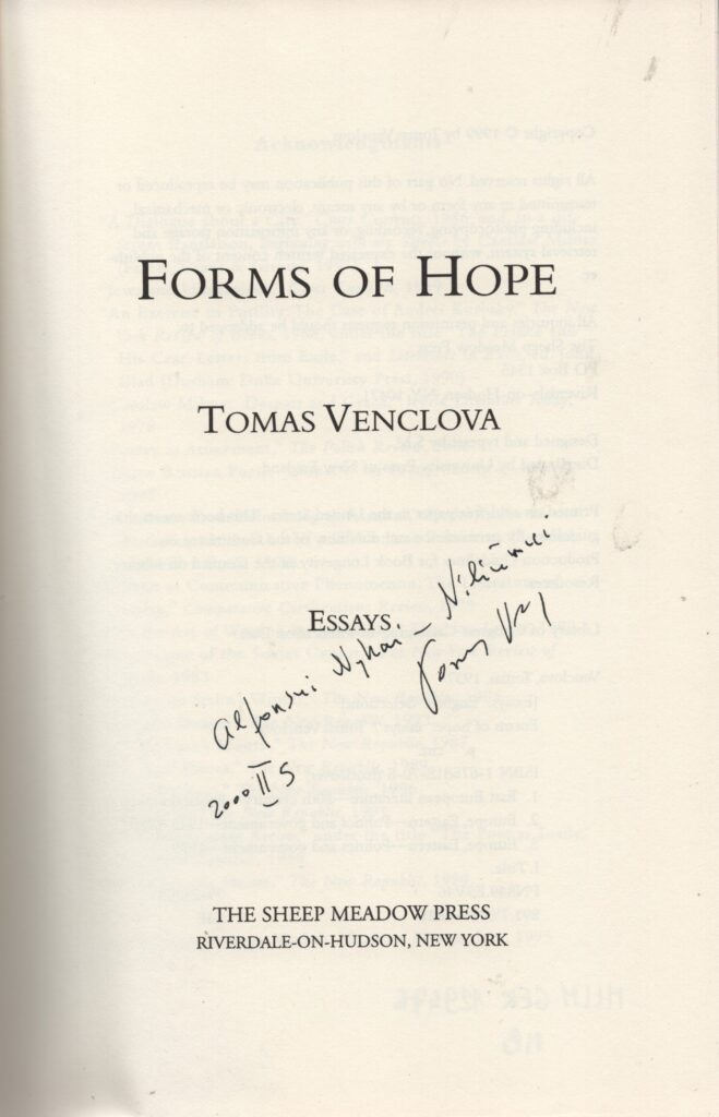T. Venclovos „Forms of Hope“ titulinis lapas su dedikacija A. Nykai-Niliūnui. JAV, 2000 m. vasario 5 d. MLLM 129476 2