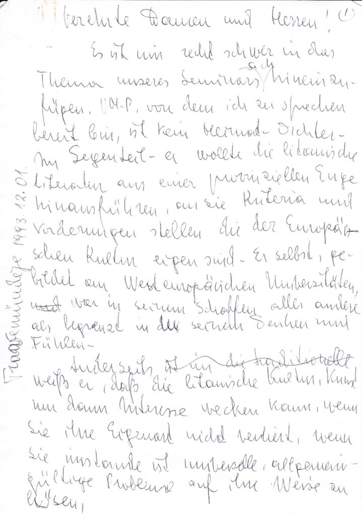 V. Zaborskaitės kalba, pasakyta seminare Travemiundėje 1993 m. MLLM 77936/R1 6792