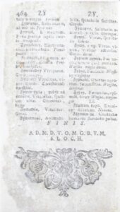 Konstantinas Sirvydas. Dictionarium trium linguarum [lotynų k.: Trijų kalbų žodynas]. Vilnius. Akademijos spaustuvė. 1713 m. MLLM 26779. Paskutinis žodyno puslapis