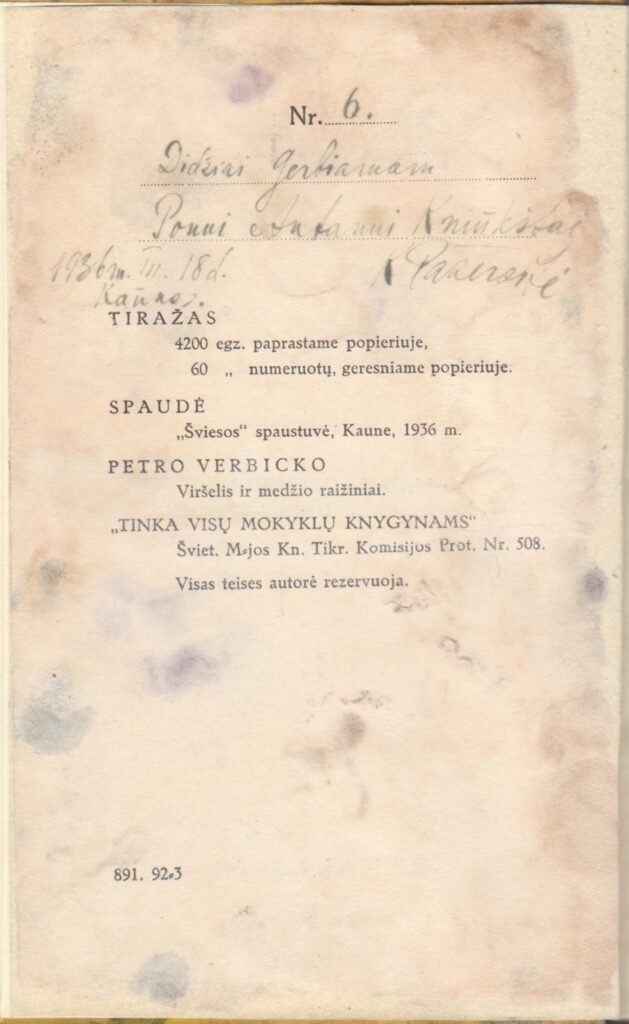 K.Pažėraitės dedikacija A. Kniūkštai knygoje „Nusidėjėlė“. Kaunas, 1936-03-18. MLLM 10002