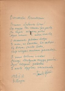 F. Kiršos eiliuota dedikacija B. Brazdžioniui.