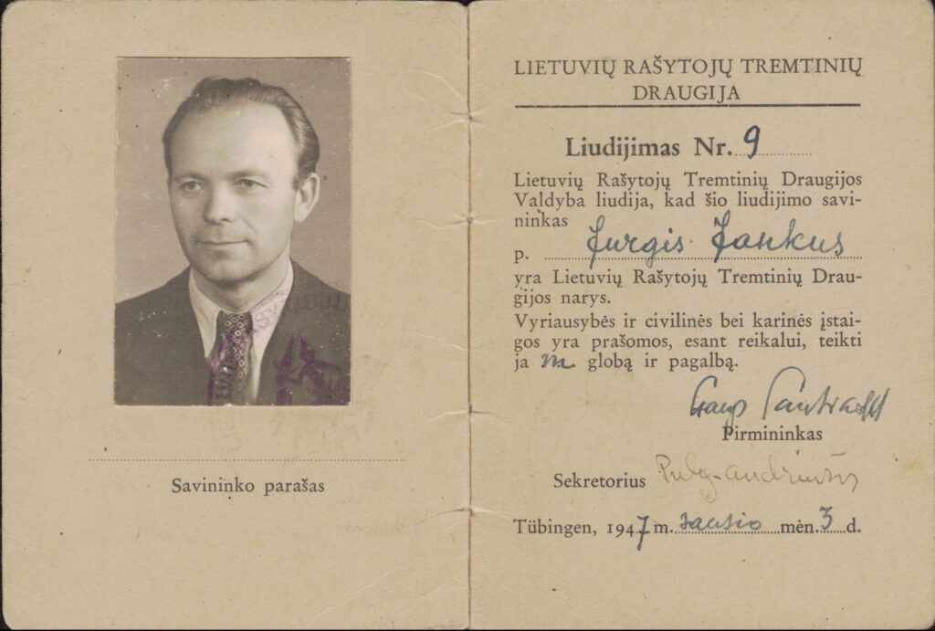 Lietuvių rašytojų tremtinių draugijos liudijimas, išduotas J. Jankui 1947-01-03 Tiubingene. MLLM 40642 / D 716