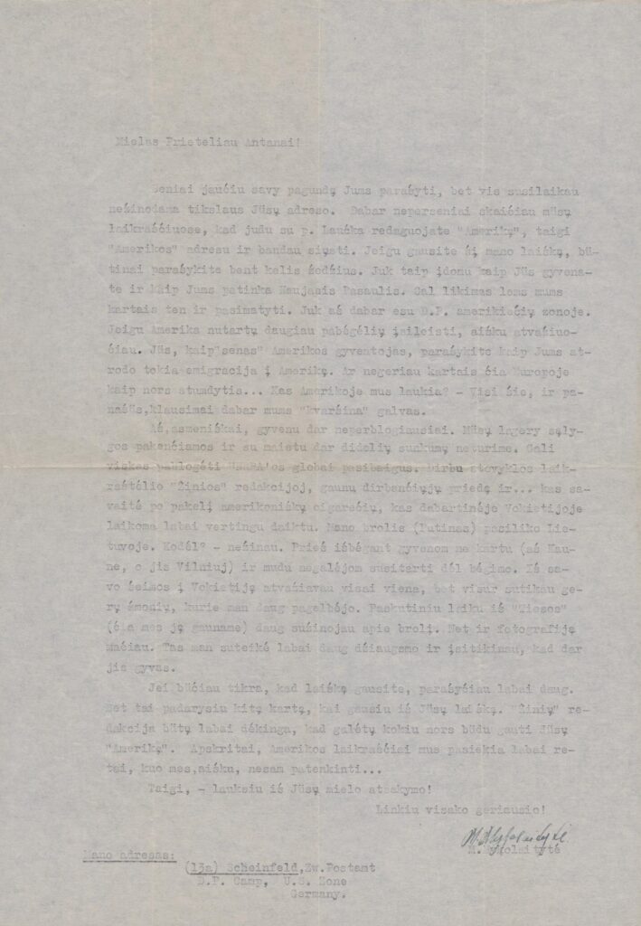 M. M. Mykolaitytės laiškas A. Vaičiulaičiui. Vokietija. Apie 1947–1948 m. MLLM 79735