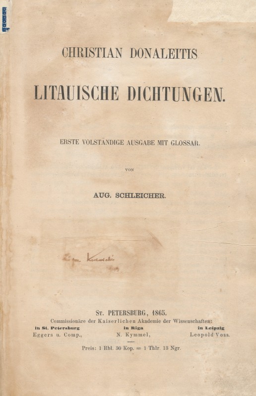 Antrasis K. Donelaičio „Metų“ leidimas, išleistas Augusto Šleicherio 1865 m. Peterburge Rusijos mokslų akademijos lėšomis. Knyga su lietuvių kalbos ir literatūros tyrinėtojo, pedagogo Zigmo Kuzmickio autografu ir ekslibriu