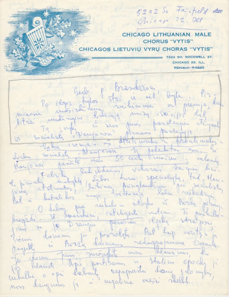 V. Būtėno laiškas Bern. Brazdžioniui. Čikaga, apie 1950 m. BBR 5932