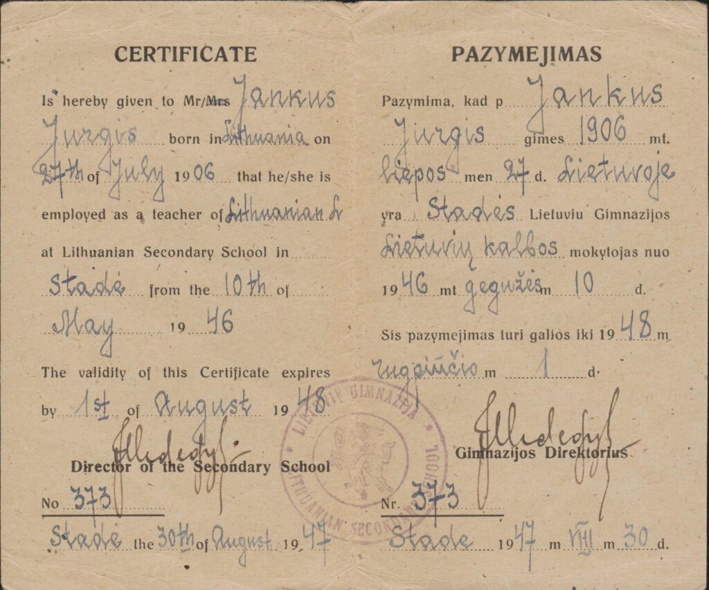 Štadės (Vokietija) lietuvių gimnazijos pažymėjimas, išduotas J. Jankui. 1948-08-30. MLLM 81178 / D 478
