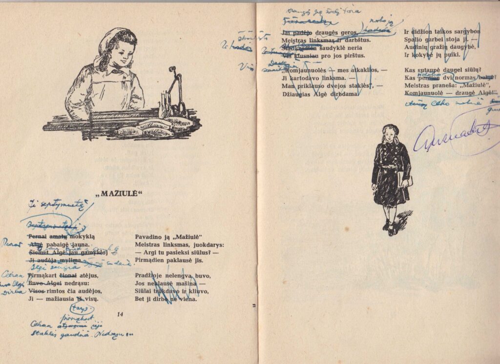 A. Matučio taisymai knygoje „Mokyklos takeliu“. Vilnius: Valstybinė grožinės literatūros leidykla, 1952 m. MLLM GEK 19833