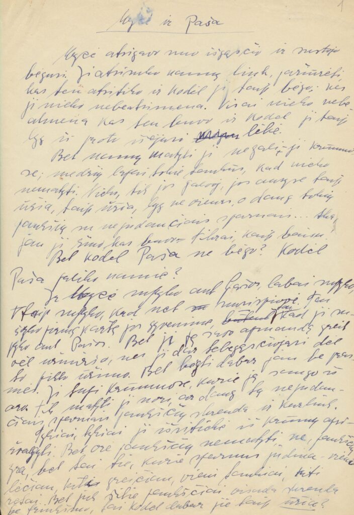 I. Simonaitytės neskelbtas rankraštis. Mycė ir Paša. Apie 1926-1948 m. MLLM 24807